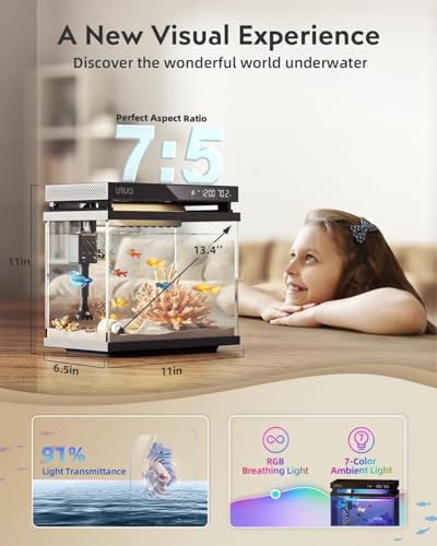 URUQ Fish Tank Smart Aquarium Kit: 2 Gallon UHD Glass Silent Water Pump Self Cleaning Multi-Layer Filtration System - Temperature Sensing 7-Color Lighting for Small Fish Betta Room Desktop Decor - Black - Image 4