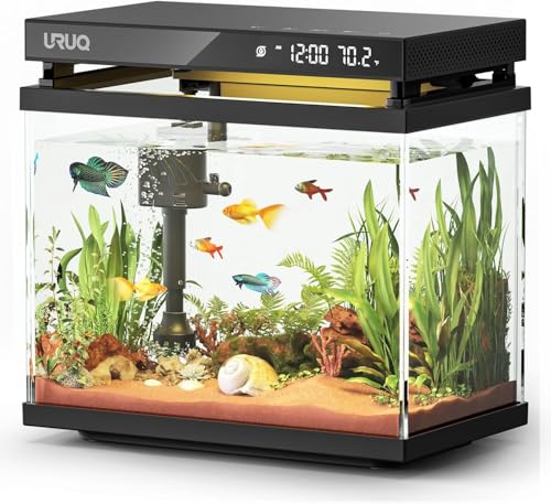 URUQ Fish Tank Smart Aquarium Kit: 2 Gallon UHD Glass Silent Water Pump Self Cleaning Multi-Layer Filtration System - Temperature Sensing 7-Color Lighting for Small Fish Betta Room Desktop Decor - Black - Image 1