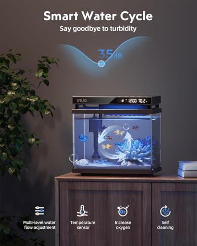 URUQ Fish Tank Smart Aquarium Kit: 2 Gallon UHD Glass Silent Water Pump Self Cleaning Multi-Layer Filtration System - Temperature Sensing 7-Color Lighting for Small Fish Betta Room Desktop Decor - Black - Image 3