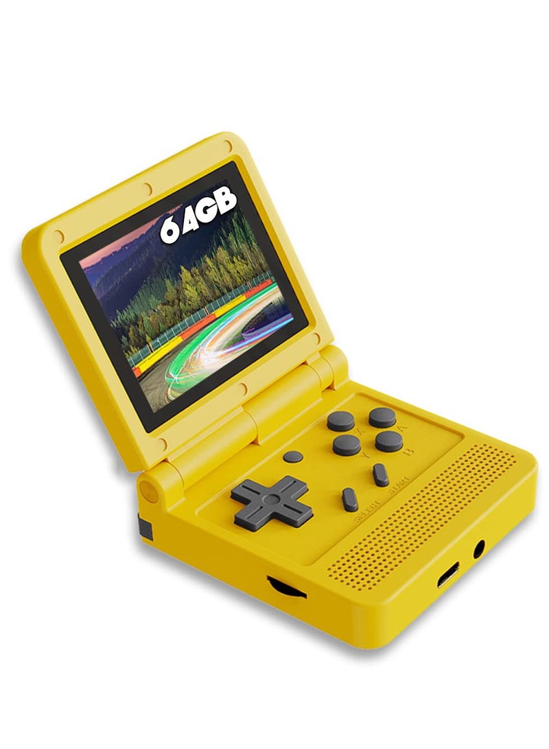 SOLARAE Flip Handheld Game Console with 3 inch IPS Screen Portable Mini Retro Game Console Open System 64GB TF Card Built-in Game Video Console Built-in Rechargeable Battery-Yellow - Image 1