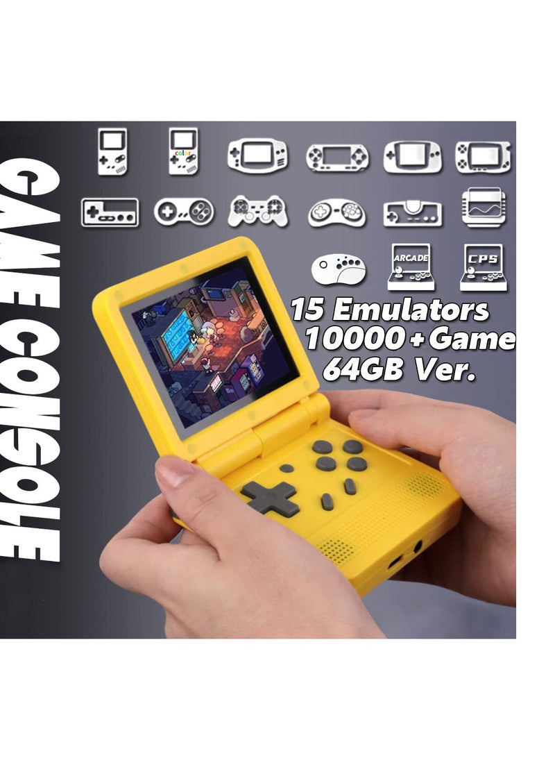SOLARAE Flip Handheld Game Console with 3 inch IPS Screen Portable Mini Retro Game Console Open System 64GB TF Card Built-in Game Video Console Built-in Rechargeable Battery-Yellow - Image 2