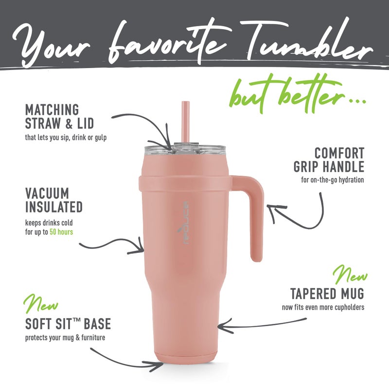 REDUCE 50 oz Stainless Steel Tumbler with Handle - Dual-Wall Vacuum Insulated Travel Mug  Sweat-Proof Lid & Reusable Straw - Keeps Drinks Cold for 24 Hrs  Fits Cupholders  Dishwasher Safe - Pink Clay - Image 4