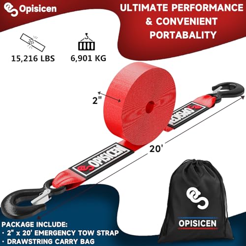 OPISICEN Tow Strap with Hooks 2 Inch x 20 Foot - 15,216 lbs Breaking Strength Emergency Heavy Duty Capacity Tow Rope Forged Steel Hooks for Car Truck Jeep ATV SUV, Roadside Recovery (Red, 2" x 20') - Image 2