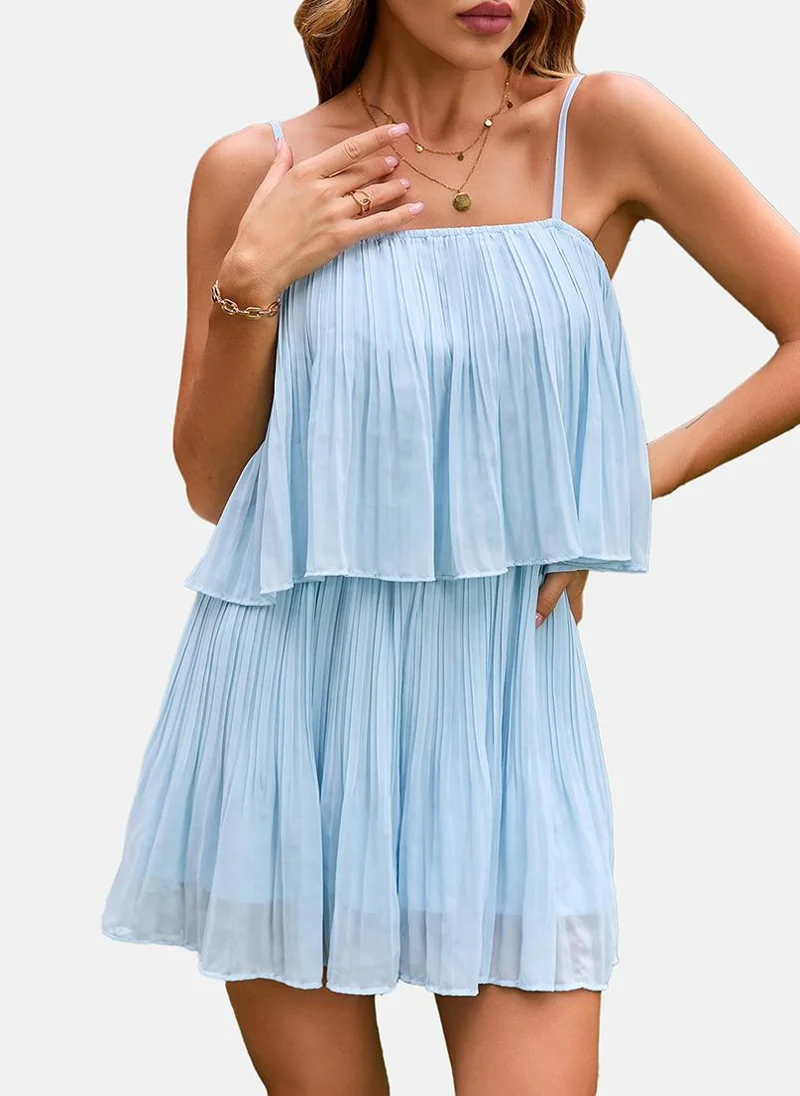 يونيكي Light Blue Strap Shoulder Solid Tiered Dress