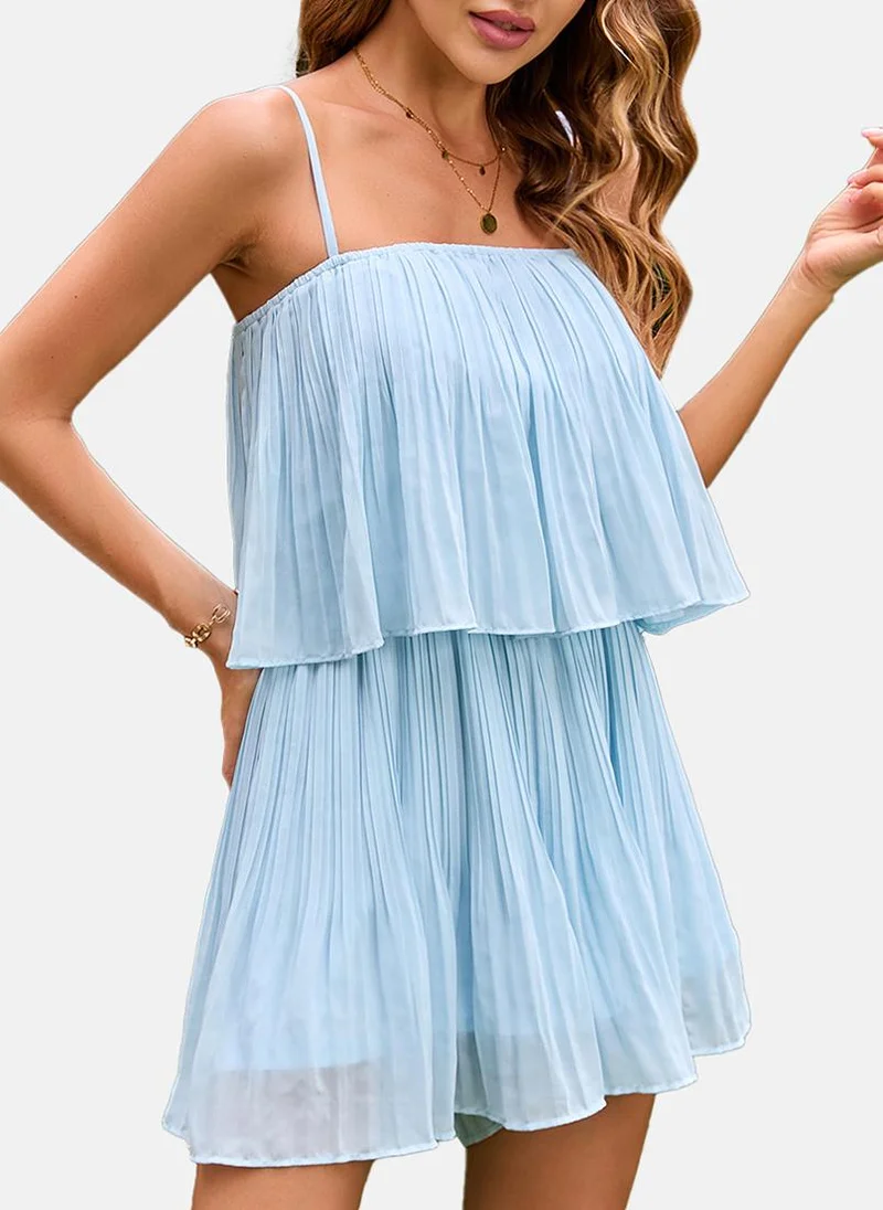 يونيكي Light Blue Strap Shoulder Solid Tiered Dress