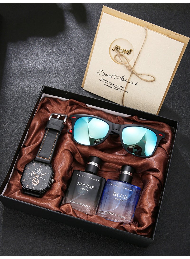 Geneva Men's square watch set, matched with glasses and perfume, highlights the charm of men and gives him a perfect holiday birthday gift - Image 1