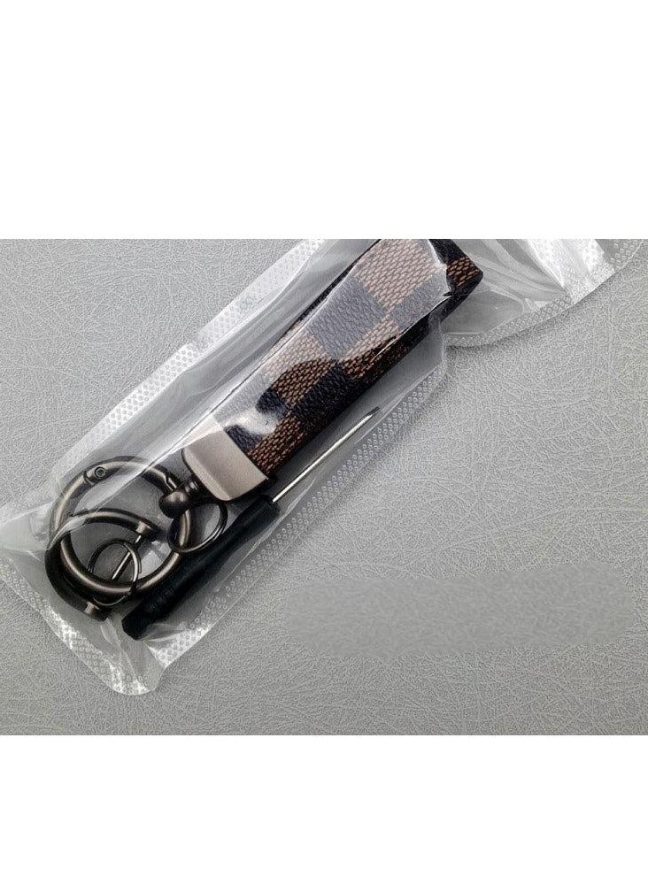 Brown Plaid PU Leather Car Keychain – Metal Zinc Alloy 360° Rotating Ring, Universal Wrist Strap Key Holder for Car/Home/Bag, Keychain with Screwdriver – Classic Check Design** - Image 2
