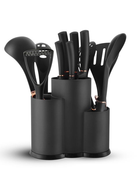 12 Pieces Kitchen Utensil Set, Knife Set, Stainless steel blades with Sleek storage rack, Non Stick Kitchen Cooking Cutlery, Includes Tongs, Spatula, Turner, Ladle, and More