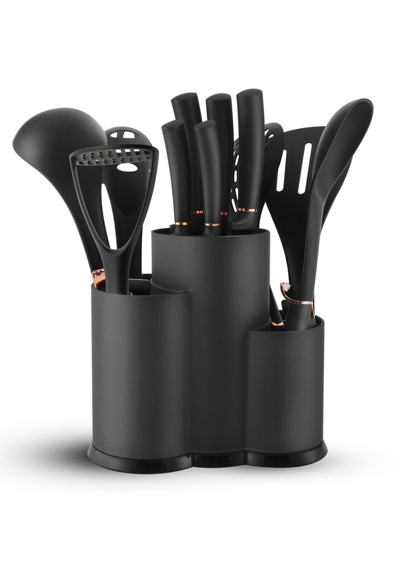 HausRoland - 12 Pieces Kitchen Utensil Set, Knife Set, Stainless steel blades with Sleek storage rack, Non Stick Kitchen Cooking Cutlery, Includes Tongs, Spatula, Turner, Ladle, and More - Image 1