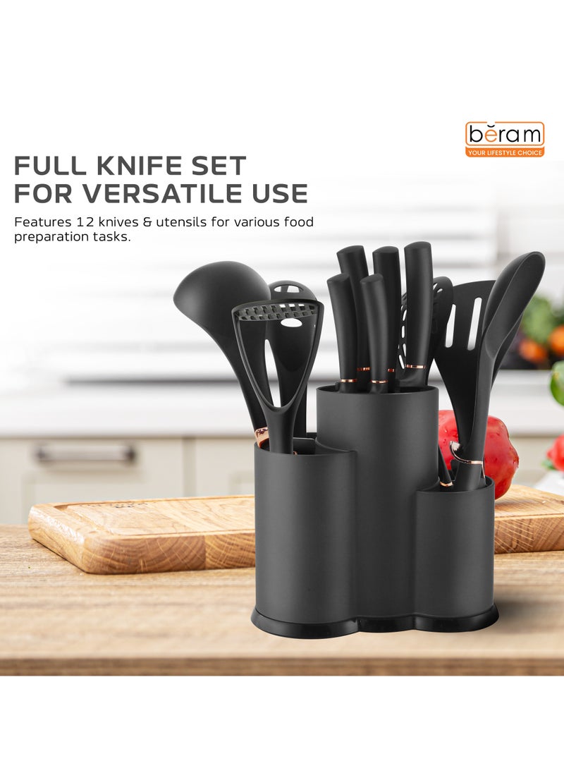 HausRoland - 12 Pieces Kitchen Utensil Set, Knife Set, Stainless steel blades with Sleek storage rack, Non Stick Kitchen Cooking Cutlery, Includes Tongs, Spatula, Turner, Ladle, and More - Image 1