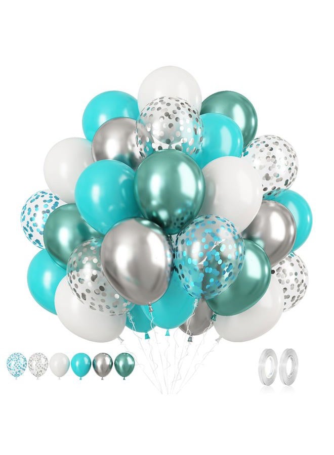 Biapian Teal White Balloon Set, 60PCS Tiffany Blue Silver Birthday Balloons, 12 Inch Teal Green Latex Balloon Turquoise Metallic Silver Confetti Balloons for Birthday Party Baby Shower Wedding Decorations - Image 1