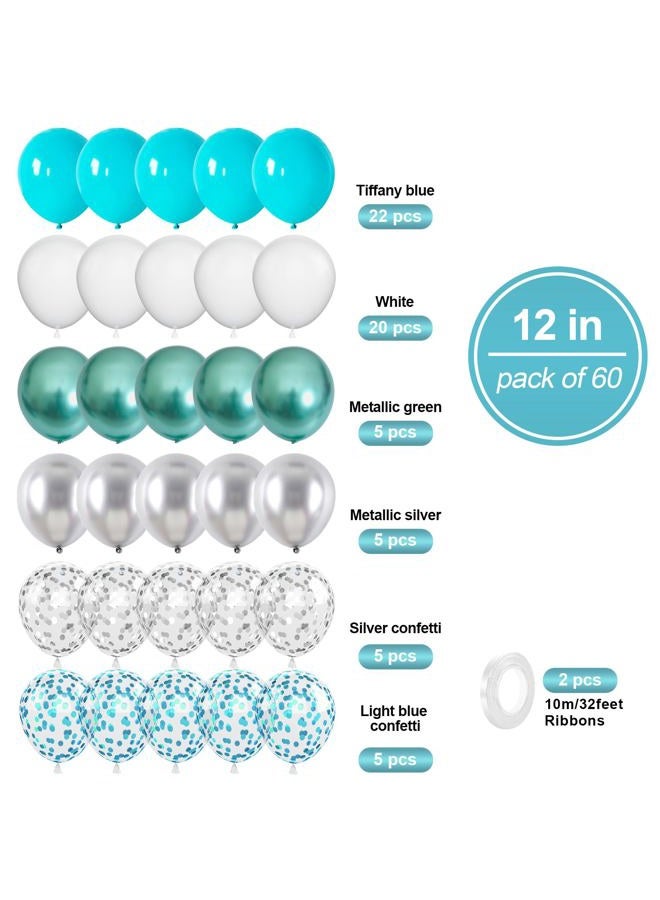 Biapian Teal White Balloon Set, 60PCS Tiffany Blue Silver Birthday Balloons, 12 Inch Teal Green Latex Balloon Turquoise Metallic Silver Confetti Balloons for Birthday Party Baby Shower Wedding Decorations - Image 2