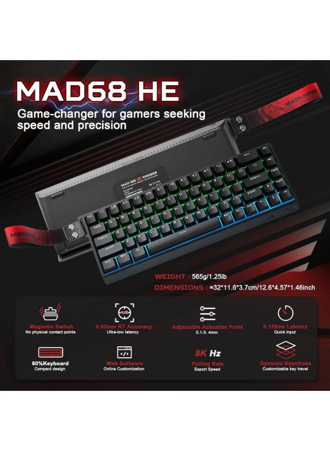 مادليونس MADLIONS Mad68 HE RGB لوحة المفاتيح الميكانيكية المفتاح المغناطيسي تبادل الساخن 8000hz 0.02mm FPS لوحة المفاتيح الألعاب مع التشغيل القابل للتعديل ، وضع الزناد السريع ، مفاتيح تأثير القاعة ، للكمبيوتر الشخصي / ماك ، هدية عيد الميلاد المحمولة السوداء - Image 3