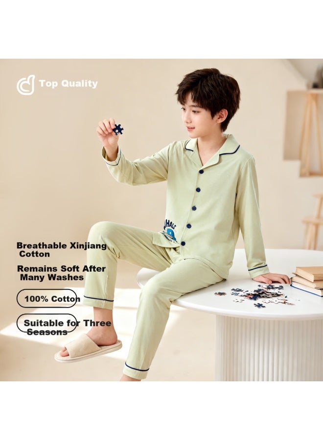 Top melon Dingguagua Boys' Long Sleeve Cotton Pajama Set Spring Autumn Green 160 - Image 1