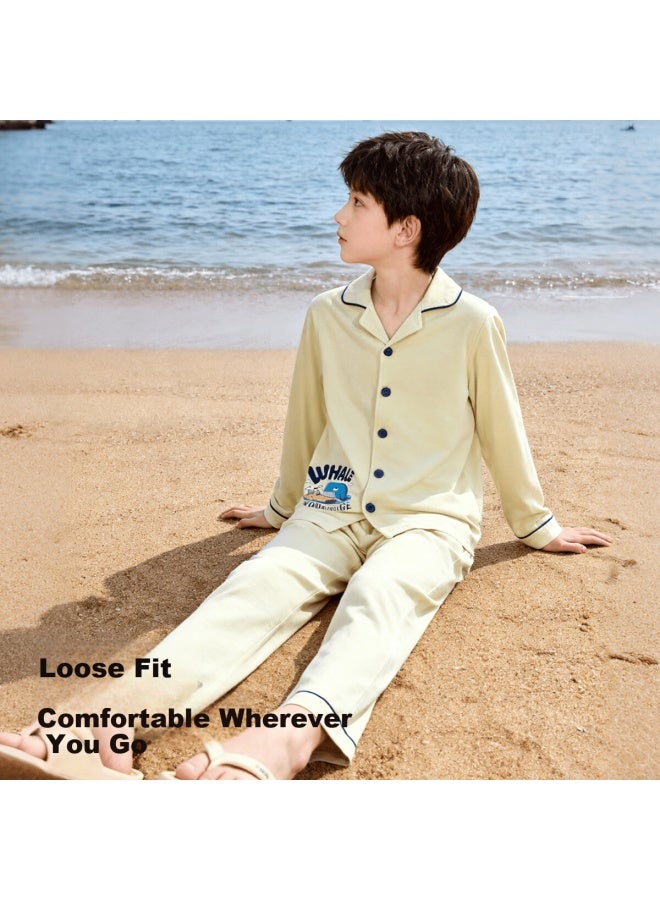 Top melon Dingguagua Boys' Long Sleeve Cotton Pajama Set Spring Autumn Green 160 - Image 2