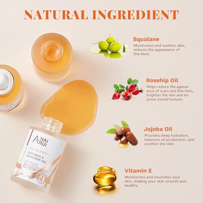 ANAI RUI Squalane + Vitamin E Rosehip Oil Moisturizer for Face,Hair,Skin& Nail Hydrate, Reduce Scars and Stretch Marks, Wrinkles for Smoother, Softer Skin 1 fl. Oz - Image 3