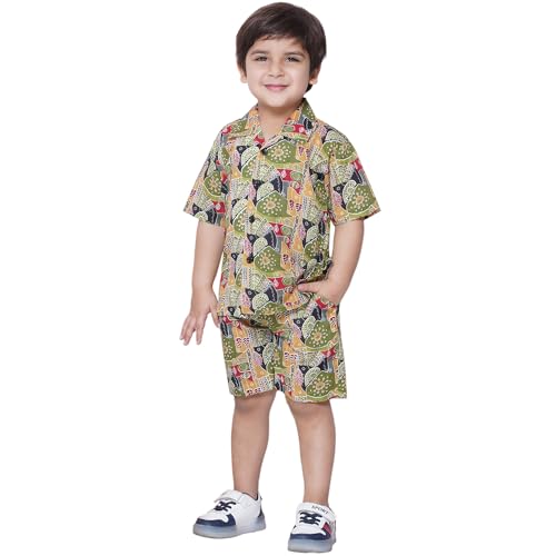 AJ DEZINES Kids Green Cotton Shirt Shorts Half Sleeves Printed CO-ORDS Set for Boys (CO-1003-Green-5) - Image 1