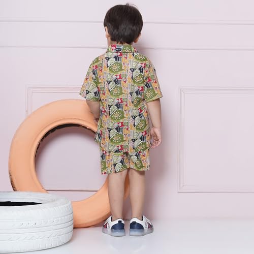 AJ DEZINES Kids Green Cotton Shirt Shorts Half Sleeves Printed CO-ORDS Set for Boys (CO-1003-Green-5) - Image 2