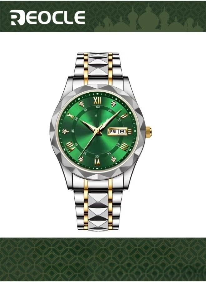 ريوكل ساعة كوارتز رجالية رسمية أنالوج بعقارب وقرص مرصع بالماس وحزام من الفولاذ المقاوم للصدأ ومؤشر مضيء وتاريخ وساعة يومية مقاومة للماء - Image 1