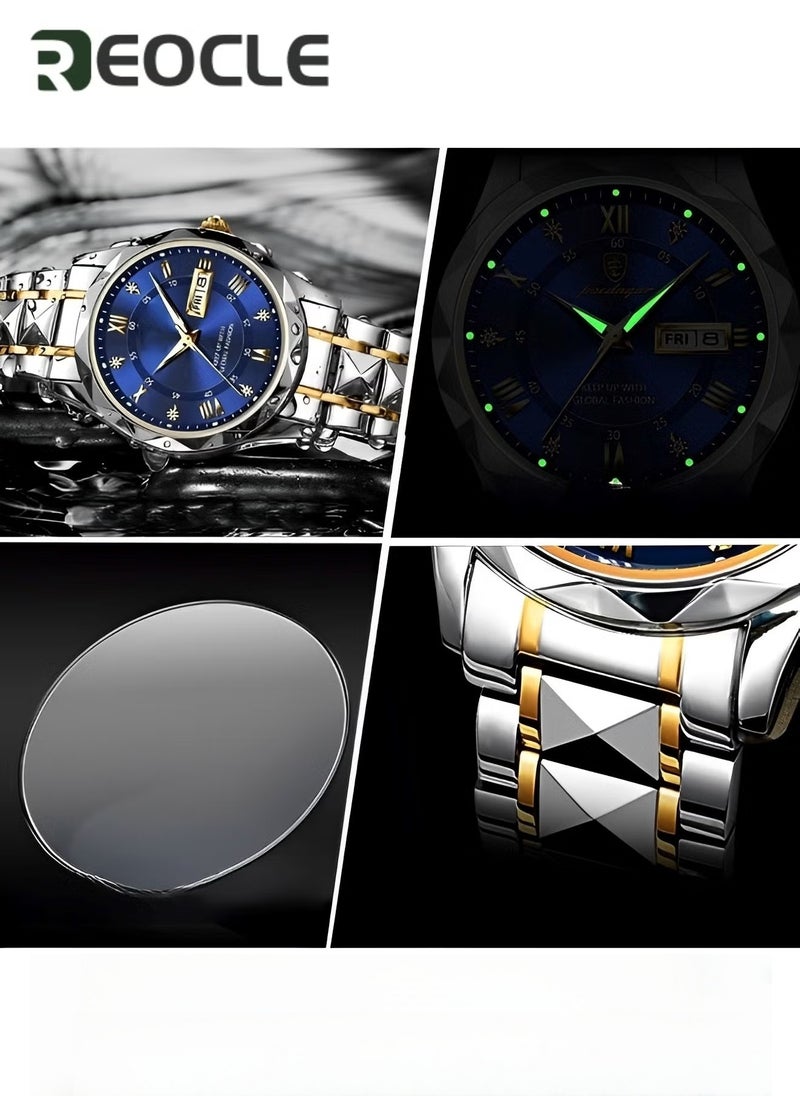 ريوكل ساعة كوارتز رجالية رسمية أنالوج بعقارب وقرص مرصع بالماس وحزام من الفولاذ المقاوم للصدأ ومؤشر مضيء وتاريخ وساعة يومية مقاومة للماء - Image 4
