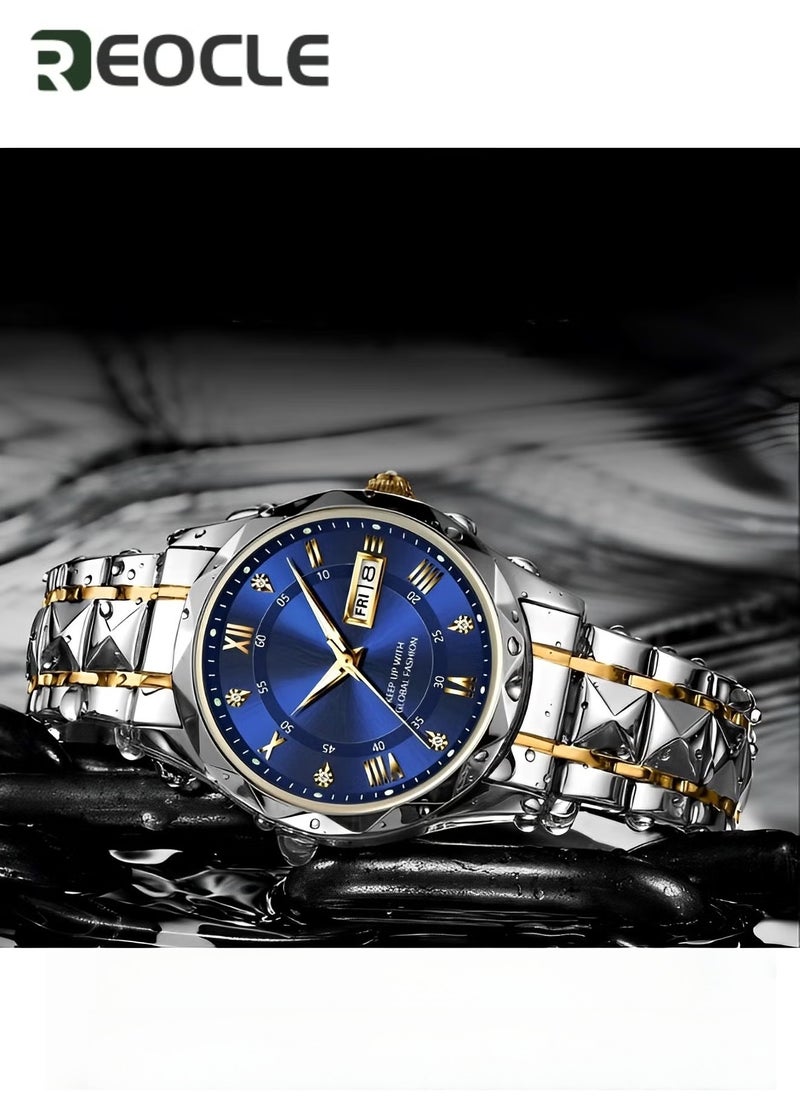 ريوكل ساعة كوارتز رجالية رسمية أنالوج بعقارب وقرص مرصع بالماس وحزام من الفولاذ المقاوم للصدأ ومؤشر مضيء وتاريخ وساعة يومية مقاومة للماء - Image 2