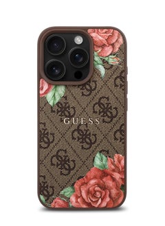 GUESS iPhone 16 Pro Case PU 4G Hard Cover with Roses and Metal Logo / Shock Absorption / Raised Bezels / Slim and Lightweight Back Cover - Brown  - Image 1