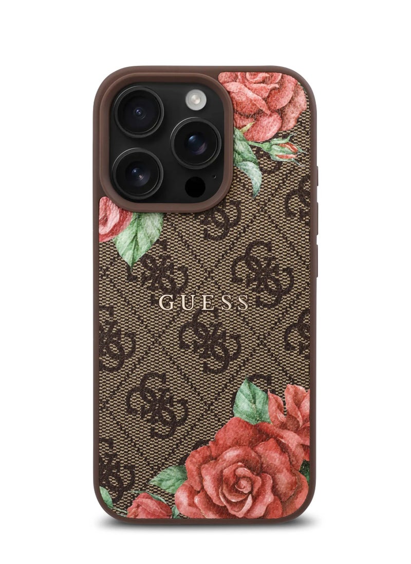GUESS iPhone 16 Pro Case PU 4G Hard Cover with Roses and Metal Logo / Shock Absorption / Raised Bezels / Slim and Lightweight Back Cover - Brown  - Image 1