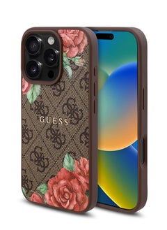 GUESS iPhone 16 Pro Case PU 4G Hard Cover with Roses and Metal Logo / Shock Absorption / Raised Bezels / Slim and Lightweight Back Cover - Brown  - Image 5
