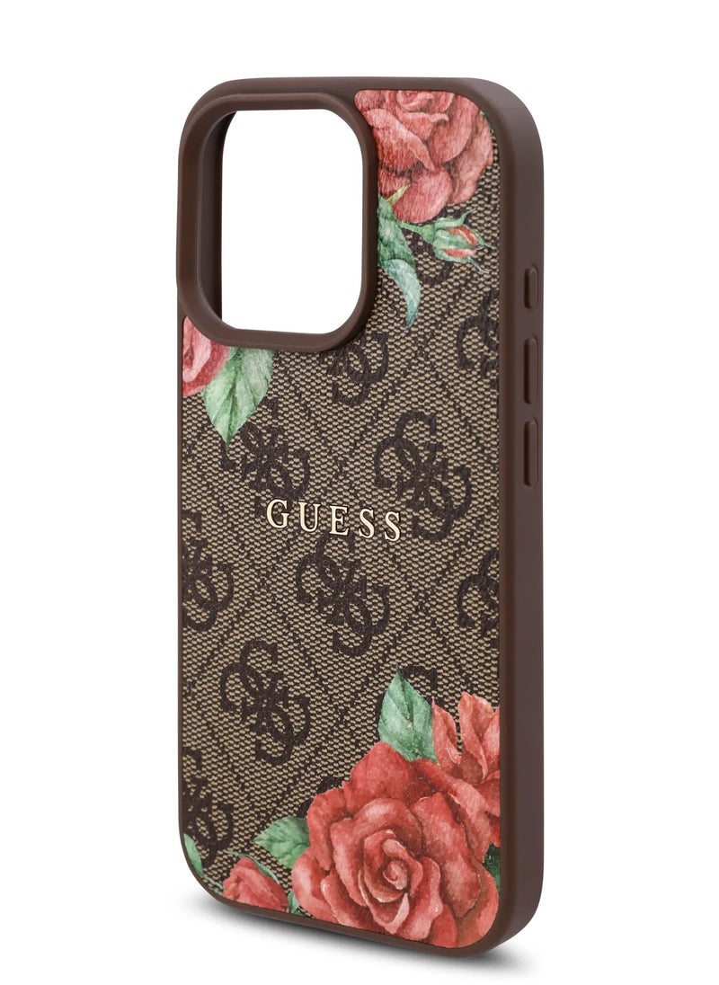 GUESS iPhone 16 Pro Case PU 4G Hard Cover with Roses and Metal Logo / Shock Absorption / Raised Bezels / Slim and Lightweight Back Cover - Brown  - Image 4