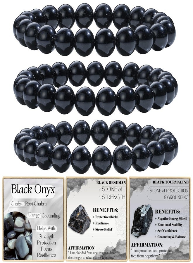 Bivei 3-Piece 8mm Beaded Bracelets for Women – Black Onyx, Black Obsidian, Black Tourmaline – Handmade Natural Crystal Stretch Elastic Jewelry for Meditation, Yoga, Protection Gifts - Image 1
