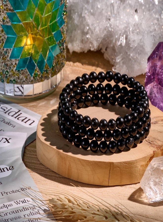 Bivei 3-Piece 8mm Beaded Bracelets for Women – Black Onyx, Black Obsidian, Black Tourmaline – Handmade Natural Crystal Stretch Elastic Jewelry for Meditation, Yoga, Protection Gifts - Image 3