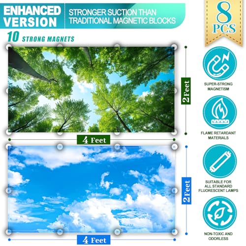 Aheroi 8 Pack Fluorescent Light Magnetic Covers, Mix Light Covers for Ceiling Lights Classroom, Office Light Covers for Ceiling Lights, Drop Lights Fixture Replacement Globes & Shades(Forest&Blue Sky) - Image 2