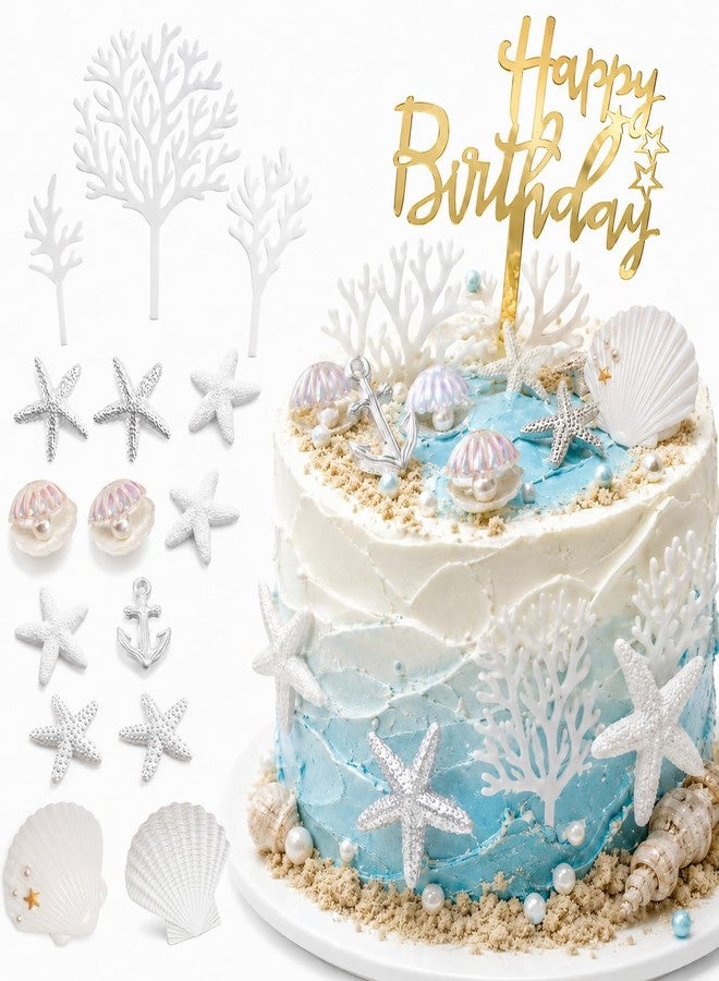 Zaycca 18PCS Starfish Conch Shells Coral Cake Decorations Seashell Cake Toppers with Gold Happy Birthday Topper for Beach Themed Ocean Birthday Baby Shower Nautical Party Supplies - Image 1
