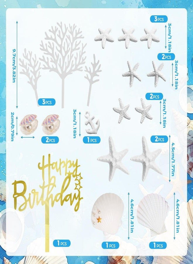 Zaycca 18PCS Starfish Conch Shells Coral Cake Decorations Seashell Cake Toppers with Gold Happy Birthday Topper for Beach Themed Ocean Birthday Baby Shower Nautical Party Supplies - Image 3