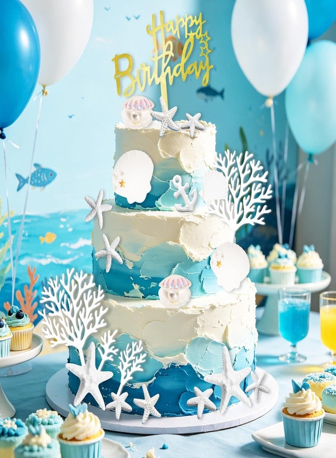 Zaycca 18PCS Starfish Conch Shells Coral Cake Decorations Seashell Cake Toppers with Gold Happy Birthday Topper for Beach Themed Ocean Birthday Baby Shower Nautical Party Supplies - Image 5