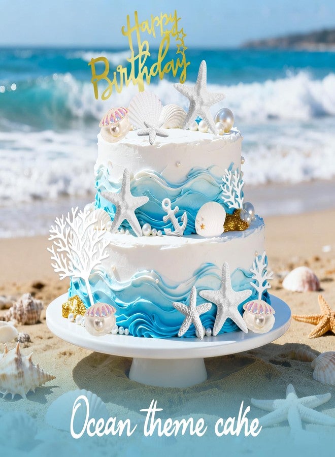 Zaycca 18PCS Starfish Conch Shells Coral Cake Decorations Seashell Cake Toppers with Gold Happy Birthday Topper for Beach Themed Ocean Birthday Baby Shower Nautical Party Supplies - Image 2