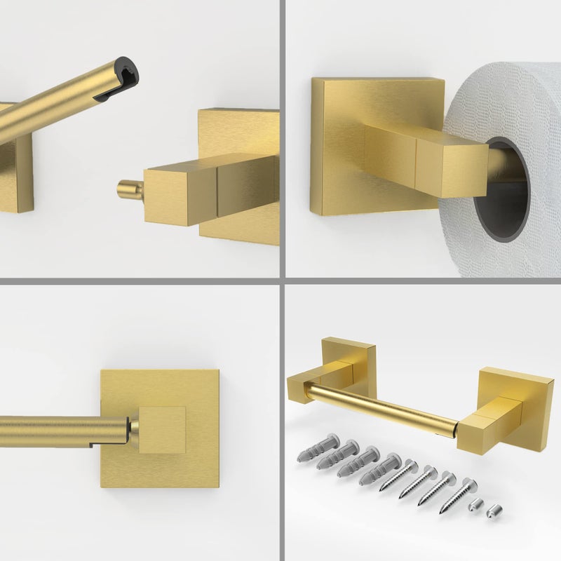 Ruacq Gold Toilet Paper Holder Double Post Pivoting Square Tissue Holders Roll Holder Hangers Brushed Gold Toilet Paper Stand Bathroom Stainless Steel and Zinc Alloy Modern Wall Mounted - Image 4