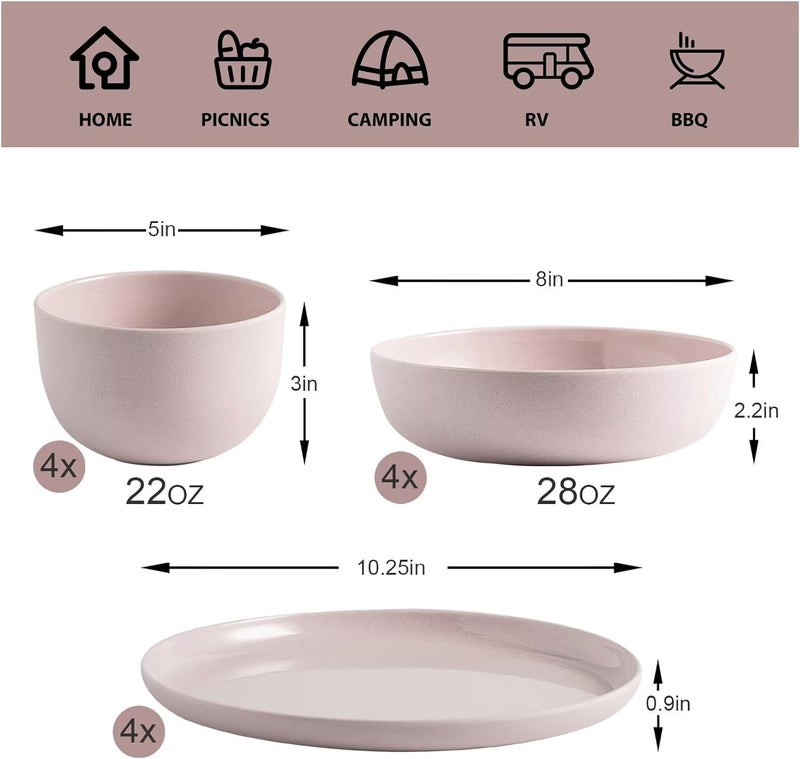 Miss Yip MissYIP 12 Pcs Wheat Straw Dinnerware Sets Unbreakable Reusable Kitchen Dinnerware Set Outdoor Camping Dishes BAP free Dishwasher SafeNot ovensafe or microwavableShell Pink - Image 2