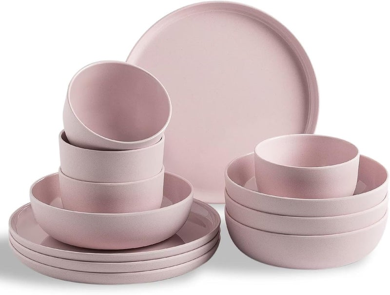 Miss Yip MissYIP 12 Pcs Wheat Straw Dinnerware Sets Unbreakable Reusable Kitchen Dinnerware Set Outdoor Camping Dishes BAP free Dishwasher SafeNot ovensafe or microwavableShell Pink - Image 1