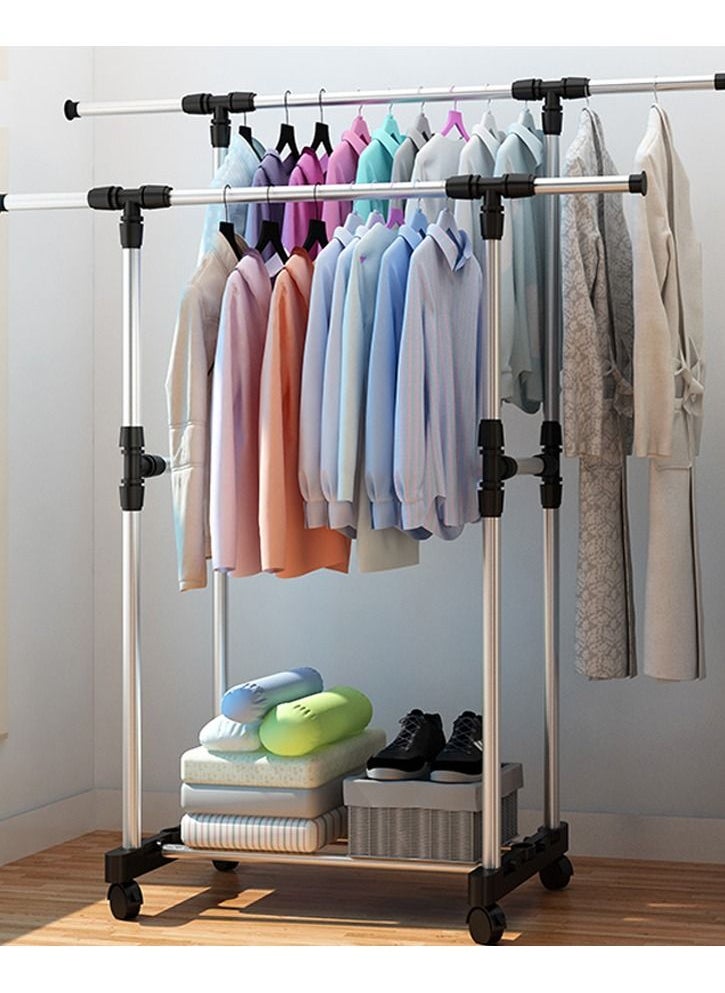 DOUBLE POLE Stainless Steel Foldable Clothes and Garment Hanging Rack Double Drying Stand with Wheels  - Image 1