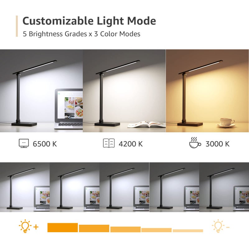 Lepro LED Desk Lamp with USB Charging Port,650LM Dimmable Home Office Touch Control Reading Table Lamp,5 Color Modes with 5 Brightness,College Dorm Room Essentials, Eye Caring, Sewing, Crafting, Black - Image 5