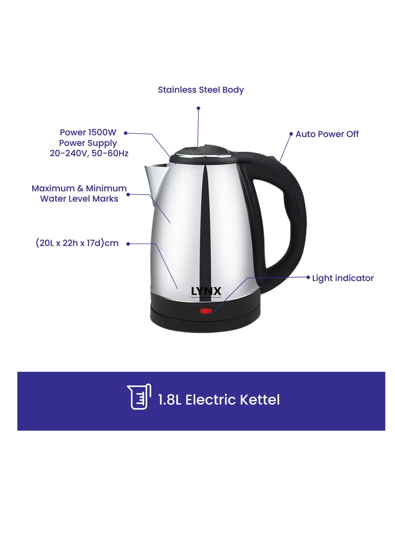 Lynx Stainless Steel Electric Kettle 1.8 Liter 1500 Watt KT-100