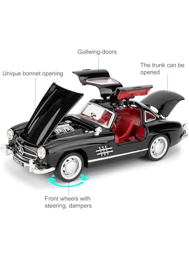 null - 1955 Mercedes-Benz 300sl Vintage Car Model, 1/32 Toy Car with Sound and Light Function, Children's Toy Model Car with PullBack Function, Collector's Quality Model Car, Gift for Children (black) - Image 1