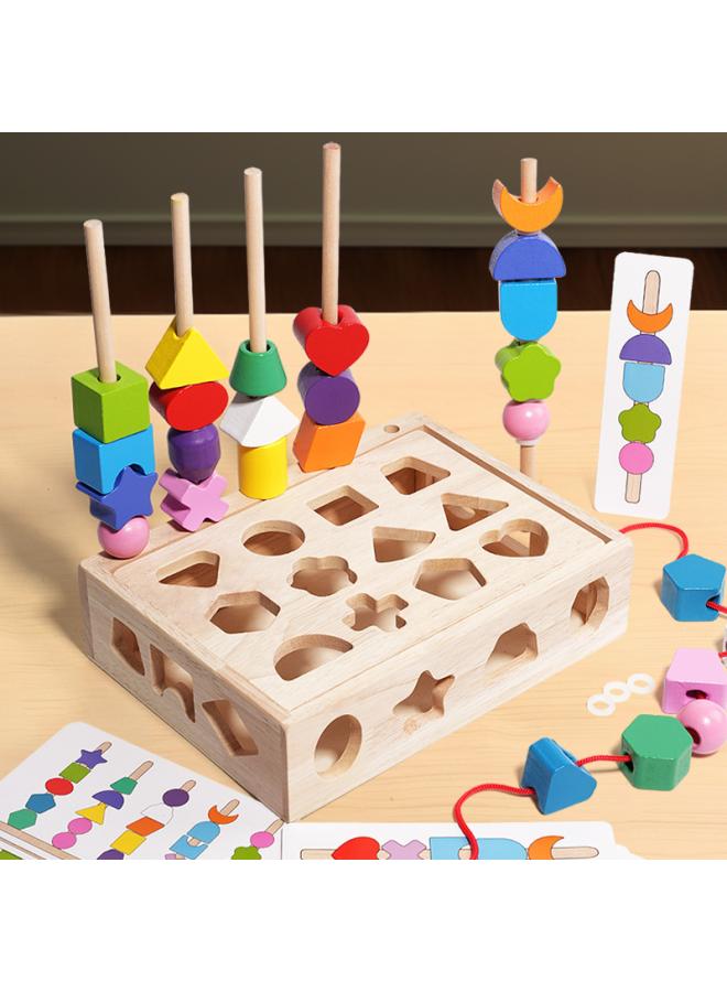 Wooden Children's Colorful Five-column Set Column Rainbow Rope Beads Geometric Matching Cognitive Puzzle Toys