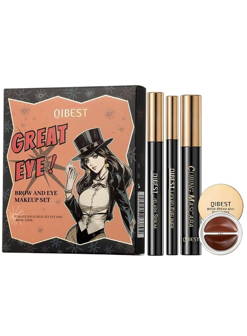 4Pcs Brow and Eye Makeup Set 4 in 1 Black Eyelash Curling Mascara Liquid Eyeliner Brow Cream Styling Wax and Eyelash Growth Serum Eyelash and Eyebrow Makeup Kit