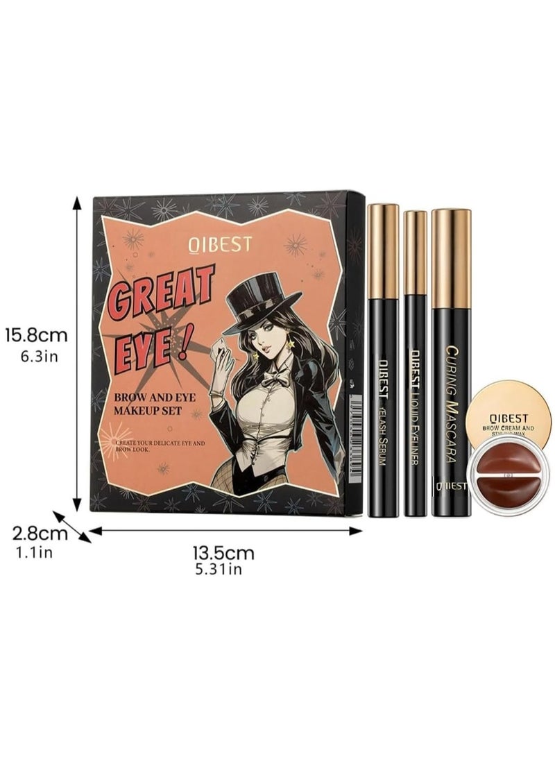 4Pcs Brow and Eye Makeup Set 4 in 1 Black Eyelash Curling Mascara Liquid Eyeliner Brow Cream Styling Wax and Eyelash Growth Serum Eyelash and Eyebrow Makeup Kit