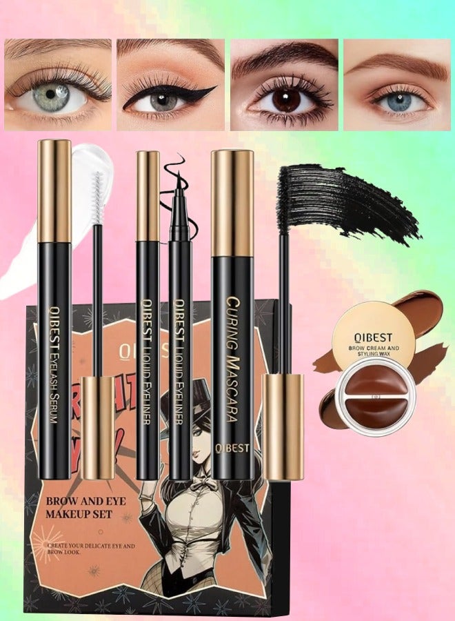 4Pcs Brow and Eye Makeup Set 4 in 1 Black Eyelash Curling Mascara Liquid Eyeliner Brow Cream Styling Wax and Eyelash Growth Serum Eyelash and Eyebrow Makeup Kit