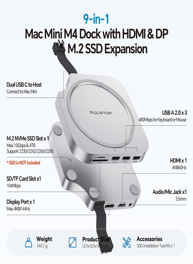 PULWTOP Mac Mini M4 Dock Stand with DP 4K 144Hz & HDMI 4K 60Hz with 4TB NVMe SSD Enclosure (SSD NOT Included), 3 USB A 2.0, SD/TF 3.0, 3.5mm Audio (Mac Mini M4 Dock Stand) - Image 2