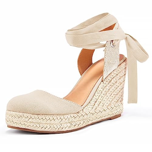Ermonn Womens Espadrilles Wedge Sandals Platform Closed Toe Ankle Strap Lace Up Slingback Summer Shoes Nude - Image 1