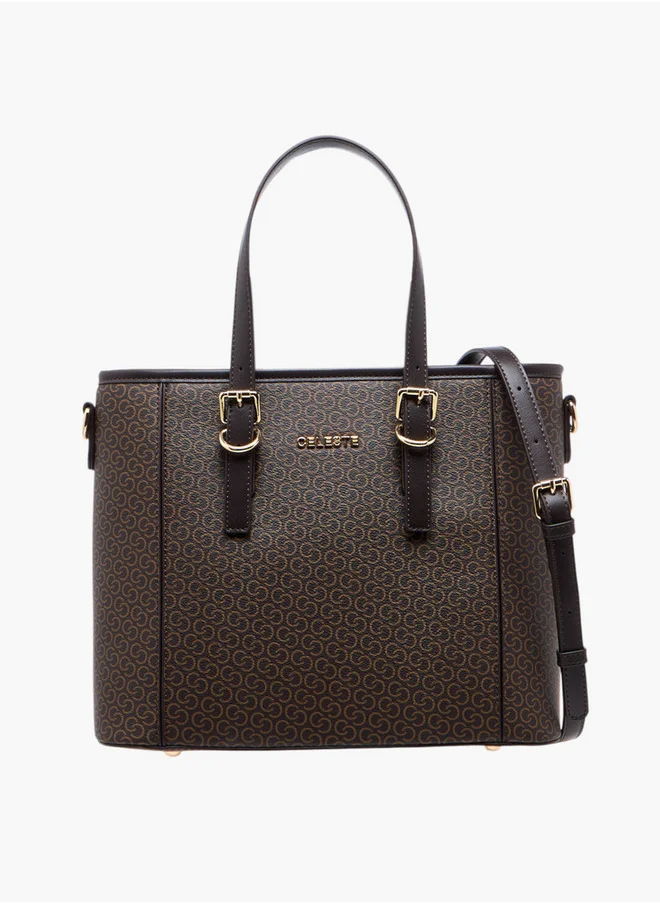 Celeste Women's Monogram Print Tote Bag with Double Handles and Detachable Strap